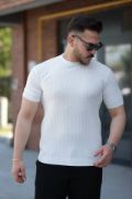 Erkek Bisiklet Yaka örgü Desenli Kısa örme Triko Kısa Kollu T-shirt resmi